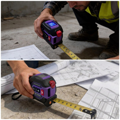 3 in 1 Digital Laser Tape Measure, 197ft/60m Laser Distance Meter, 16ft/5m Digital Tape Measure with Cross Line, AutoLock, ft/in/m Unit Switch, Measure Area, Volume, Pythagorean (Purple)