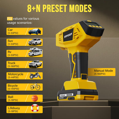 Upgraded Tire Inflator Portable Air Compressor, 160PSI Cordless Air Pump with 20V Rechargeable Battery, 2X Faster Inflation, Digital Pressure Gauge for Car, Motorcycle, E-Bike & Balls (Yellow)