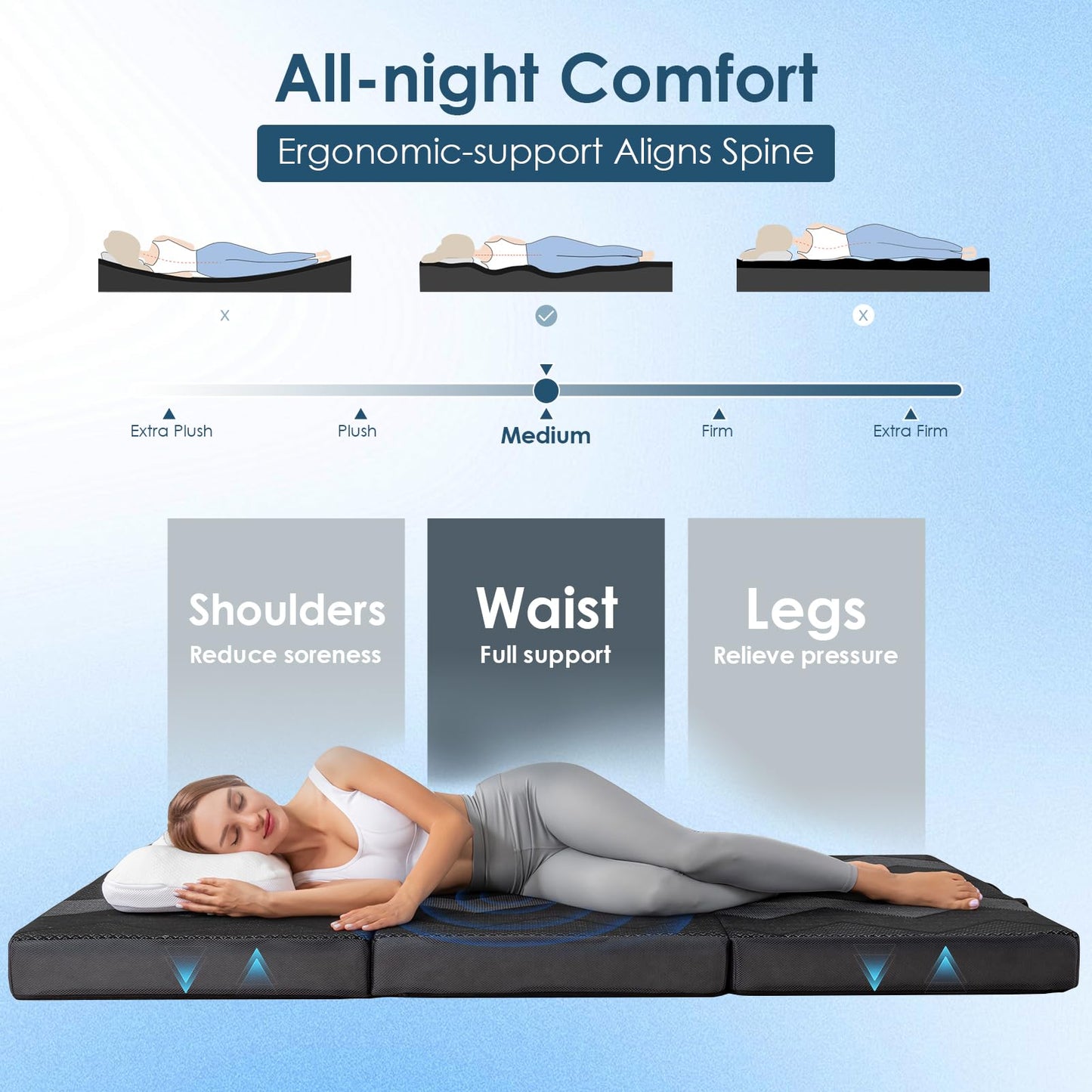 INGEROOM Trifold Mattress Queen - Memory Foam 6 inch Foldable Mattress for Camping, with Portable Handle, Non-Slip Folding Floor Bed Sofa for Guest Travel Yoga, Washable Breathable Cover