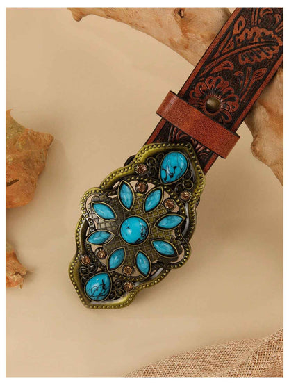 Women's Turquoise Belt Western Cowgirl Belt Vintage Floral Embossed Buckle Leather Waist Belts