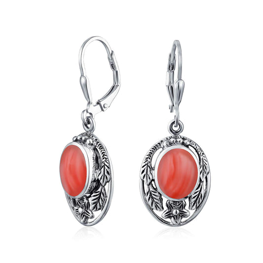 Boho Native American Style Marquise Shaped Gemstone Stabilized Blue Turquoise Coral Leaf Feather Dangling Earrings Western Jewelry For Women Teens Lever Back Oxidized .925 Sterling Silver