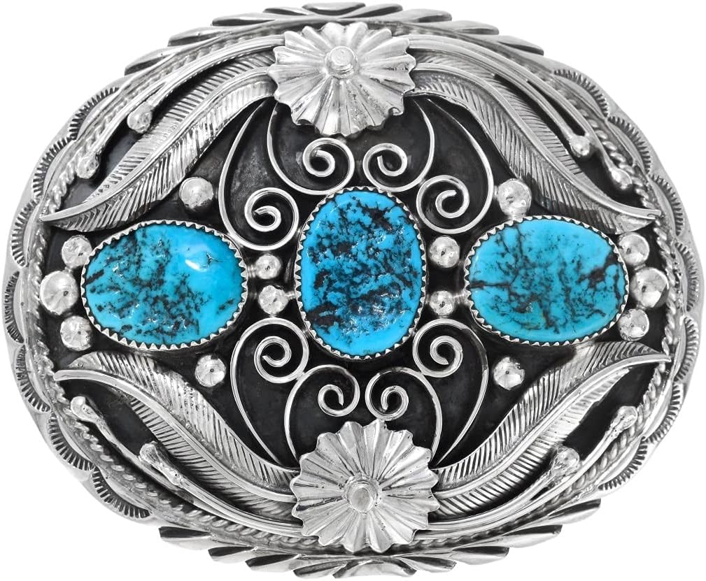 Alltribes Native American Turquoise Silver Belt Buckle Genuine Kingman Nuggets on Sterling Design 0011
