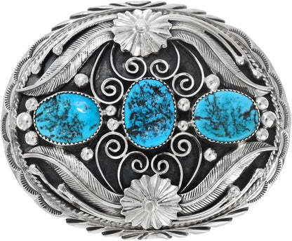 Alltribes Native American Turquoise Silver Belt Buckle Genuine Kingman Nuggets on Sterling Design 0011