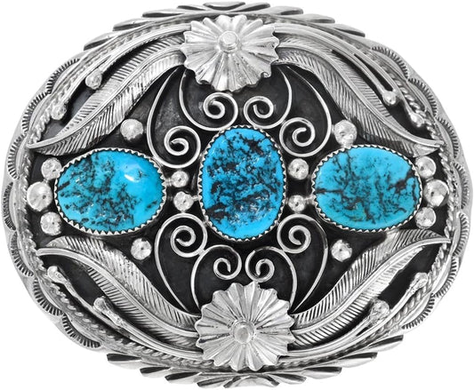 Alltribes Native American Turquoise Silver Belt Buckle Genuine Kingman Nuggets on Sterling Design 0011