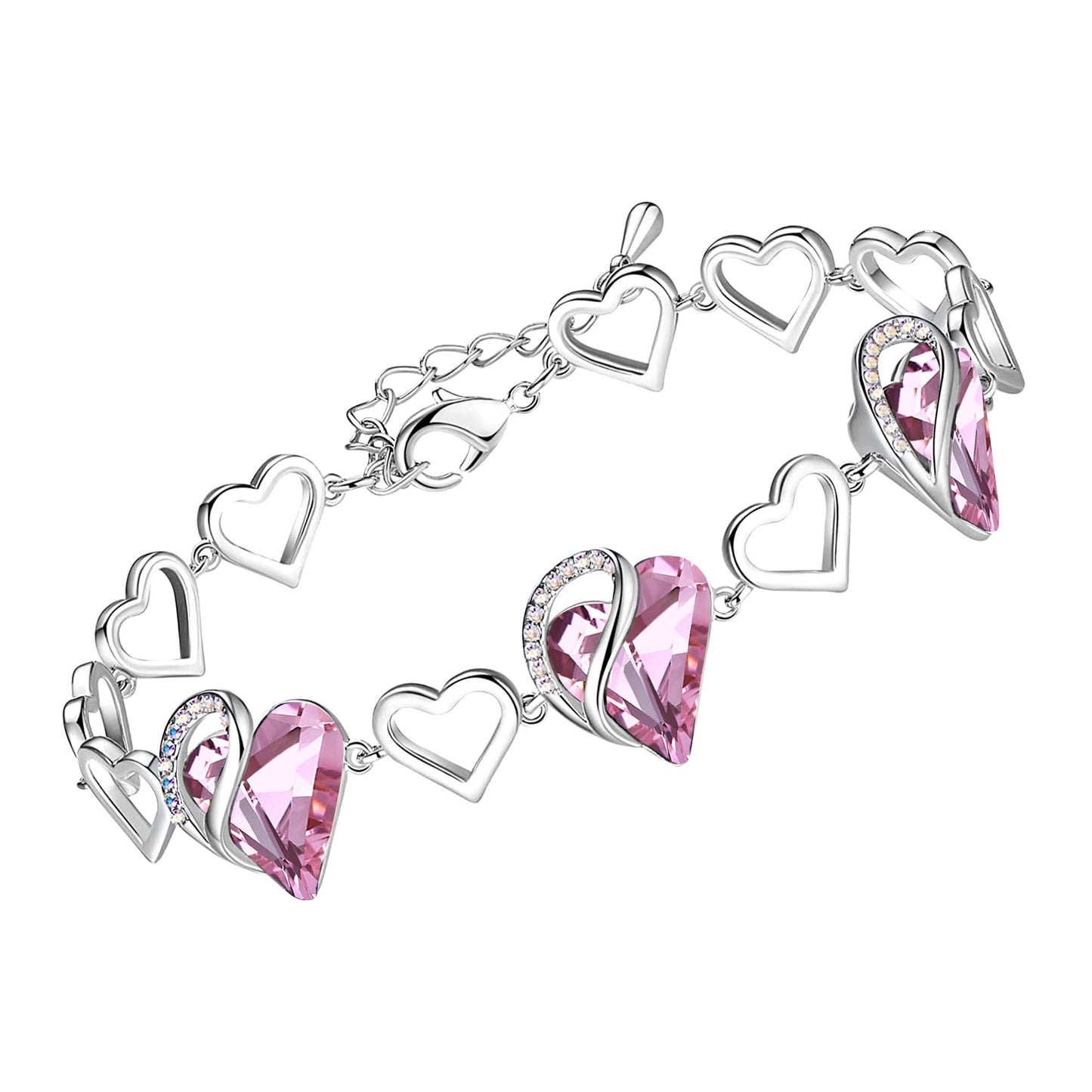 Leafael Infinity Love Heart Link Bracelets, Birthstone or Healing Stone Crystal Bracelet for Women, Silver Tone Jewelry Gifts for Her, 7-inch Chain and 2-inch Extender