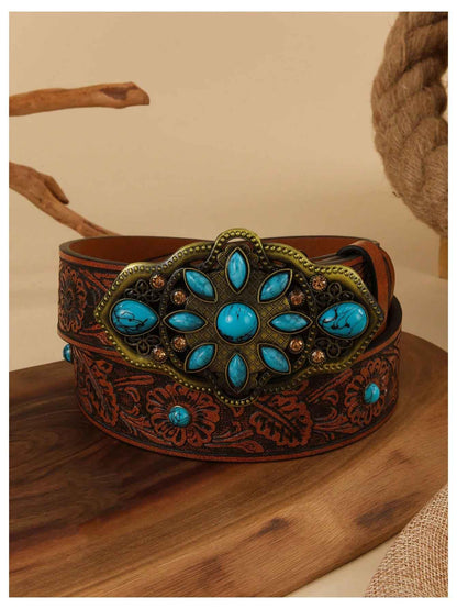 Women's Turquoise Belt Western Cowgirl Belt Vintage Floral Embossed Buckle Leather Waist Belts