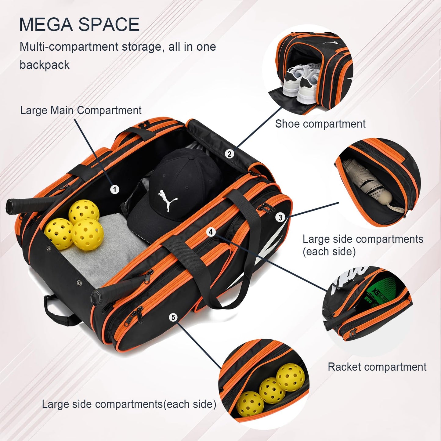 Pickleball Bag - Large Paddle Bag for 4 Paddles & Accessories - Fence Hook, Extra Pockets, Shoe Compartment
