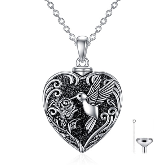 TOUPOP Hummingbird Urn Necklace for Ashes 925 Sterling Silver Heart Cremation Jewelry Keepsake Pendant with Funnel Filler Memorial Christmas Gifts for Women Mom Wife