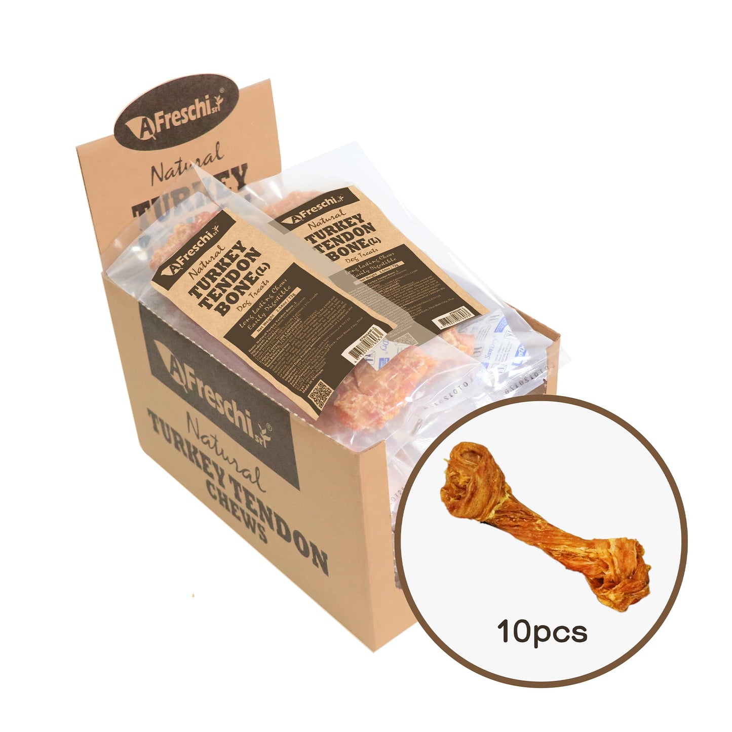 AFreschi Turkey Tendons for Dogs, USA-Sourced, Healthy Dog Treats, Rawhide-Free Puppy Chews, Long Lasting, All Natural, Hypoallergenic Dog Treats for Large Breeds, 1 Count Pack Bone (L)