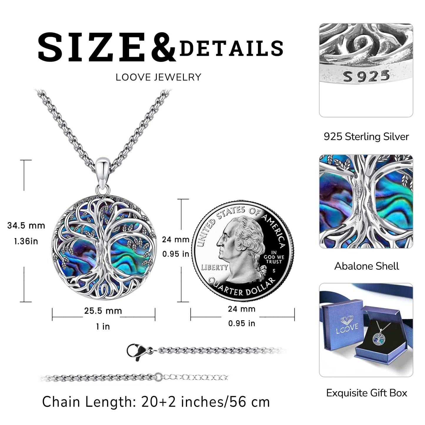 Jewelry Gifts - Tree of Life Necklace Sterling Silver Abalone Shell/Opal/Moonstone/Black Onyx/Turquoise/Malachite/Crystal Family Tree of Life Jewelry for Women Men