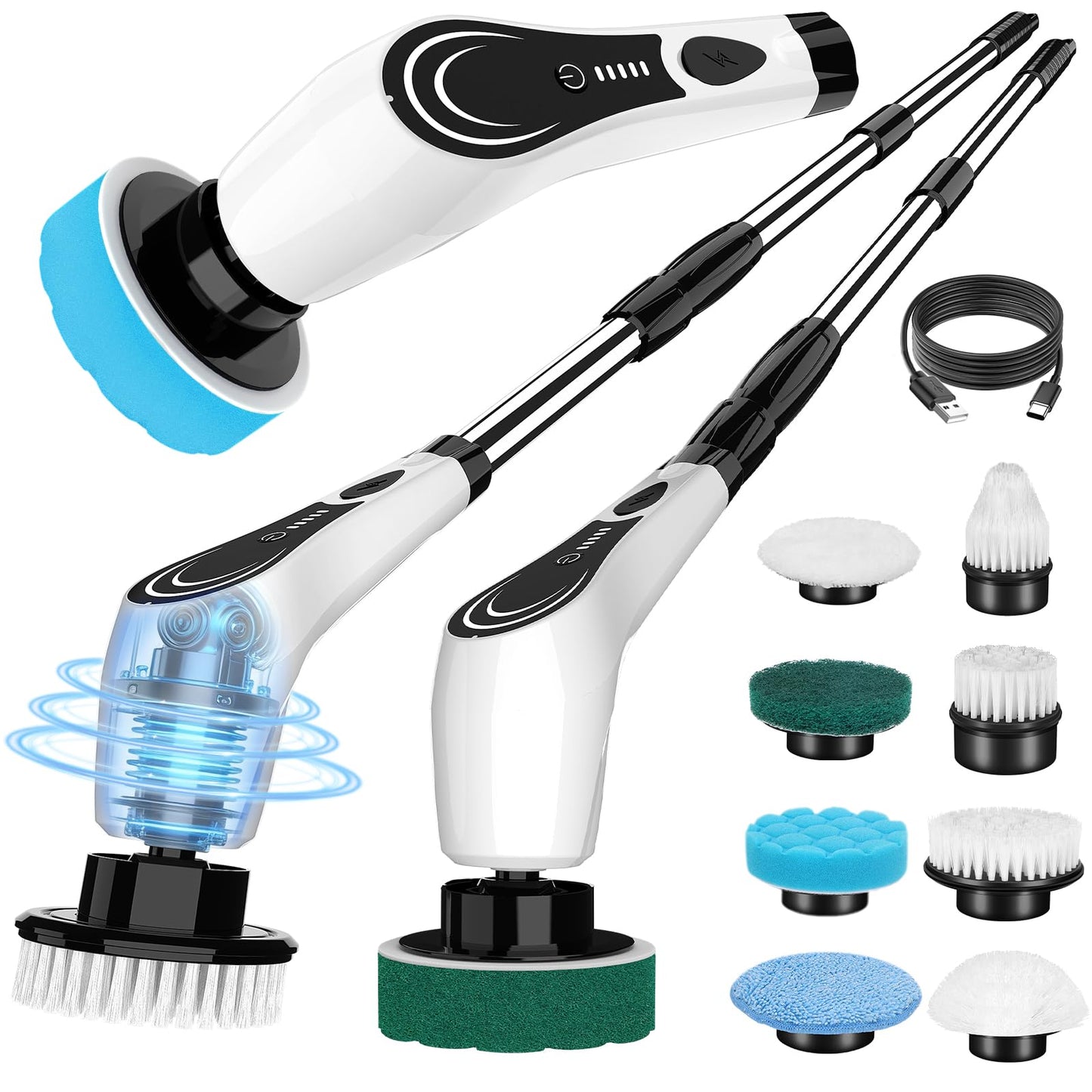 Electric Spin Scrubber, Cordless Power Scrubber with 8 Replaceable Floor Machine Pads, 2-Speed Adjustable Handle Shower Scrubber, IPX7 Waterproof for Bathroom, Tile, Tub, Teens, White-qe1