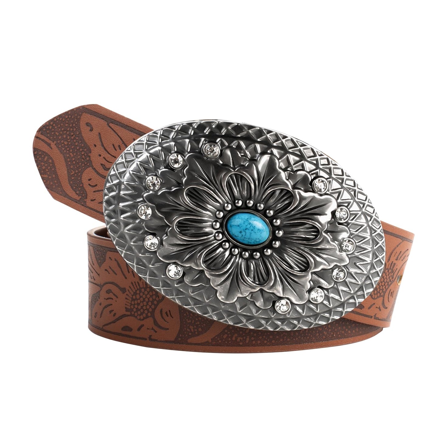 Women's Western Genuine Leather Belt Turquoise Buckle Cowgirl Country Style