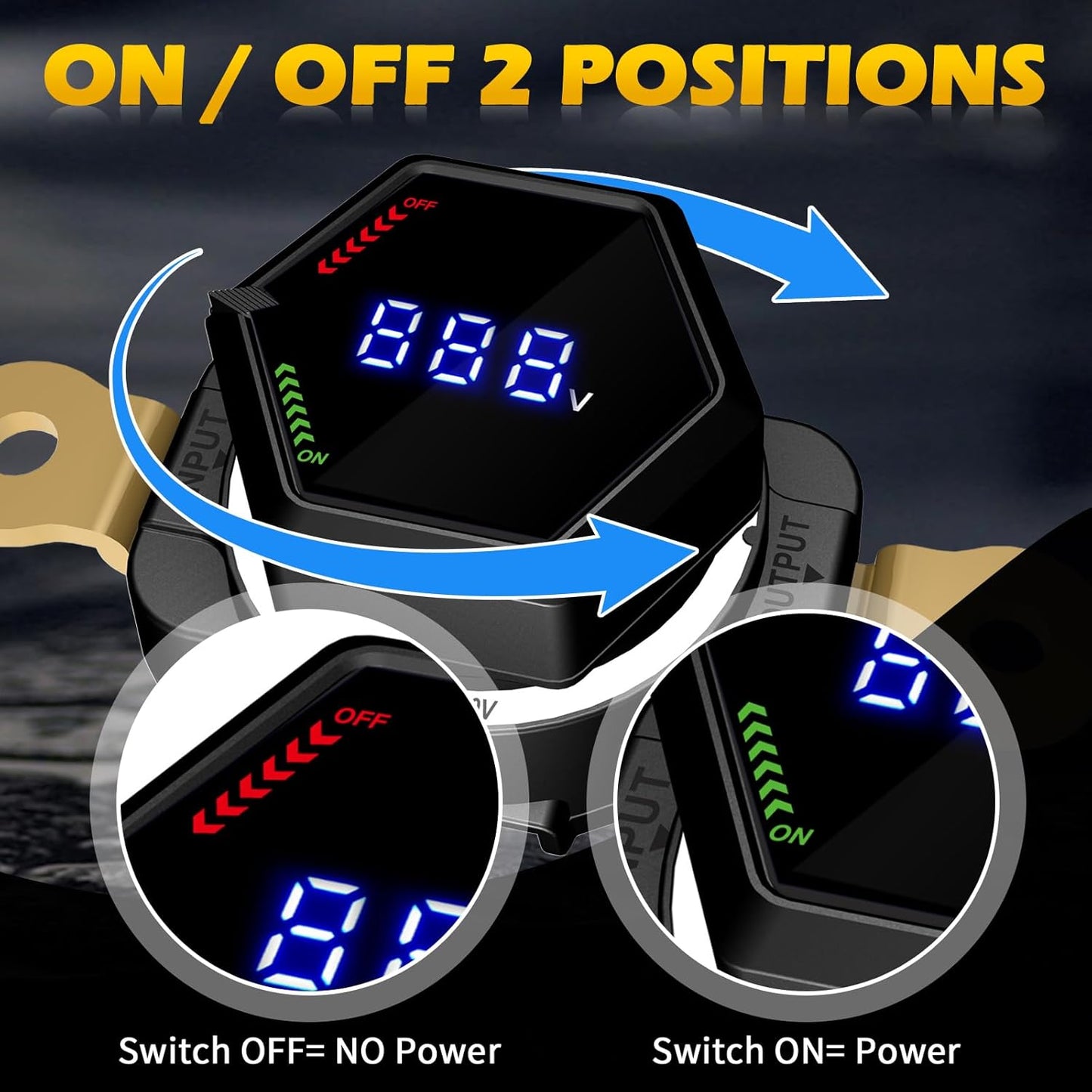 Top Post Battery Disconnect Switch with Voltmeter, DC 5-60V Master Isolator On Off Kill Switch Power Cut/Shut Off Switch for Marine Boat RV Car Truck Camper Trailer