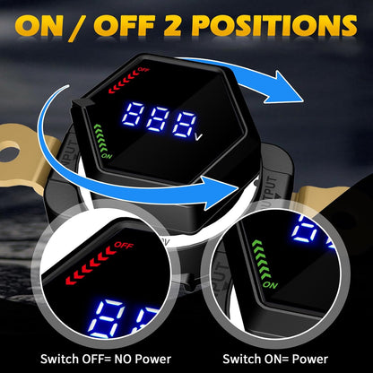 Top Post Battery Disconnect Switch with Voltmeter, DC 5-60V Master Isolator On Off Kill Switch Power Cut/Shut Off Switch for Marine Boat RV Car Truck Camper Trailer