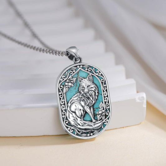 Turquoise Fox Necklace 925 Sterling Silver Real Turquoise Gemstone Fox Animal Pendant Vintage Jewelry for Women