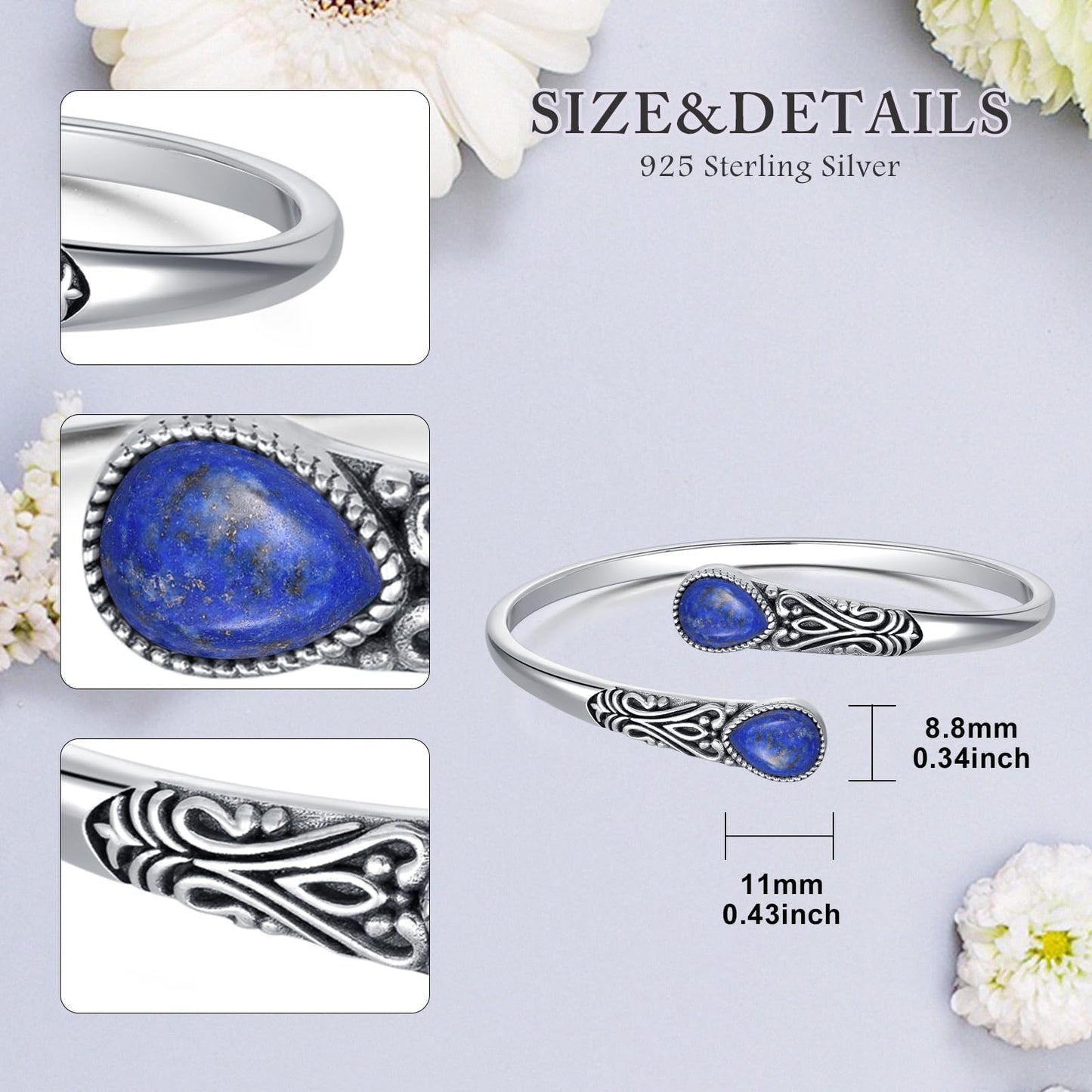 925 Sterling Silver Genuine Gemstone Bracelet for Women Men Handmade Adjustable Boho Navajo Style Bangle Cuff Natural Stone Jewelry Gift
