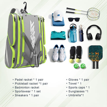 Pickleball Bag - Large Paddle Bag for 4 Paddles & Accessories - Fence Hook, Extra Pockets, Shoe Compartment