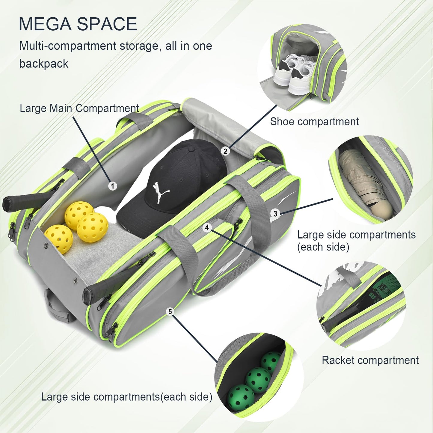 Pickleball Bag - Large Paddle Bag for 4 Paddles & Accessories - Fence Hook, Extra Pockets, Shoe Compartment
