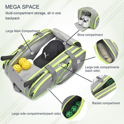 Pickleball Bag - Large Paddle Bag for 4 Paddles & Accessories - Fence Hook, Extra Pockets, Shoe Compartment