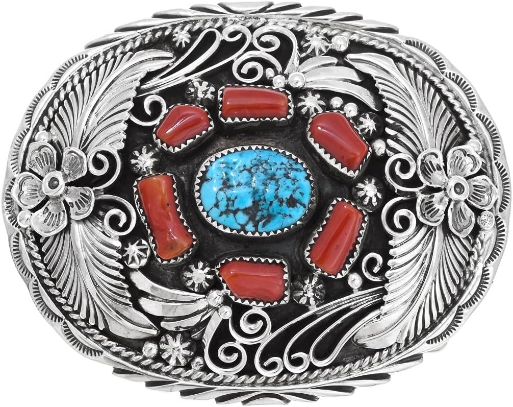 Southwest Turquoise Coral Silver Belt Buckle Sterling 0012