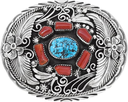 Southwest Turquoise Coral Silver Belt Buckle Sterling 0012