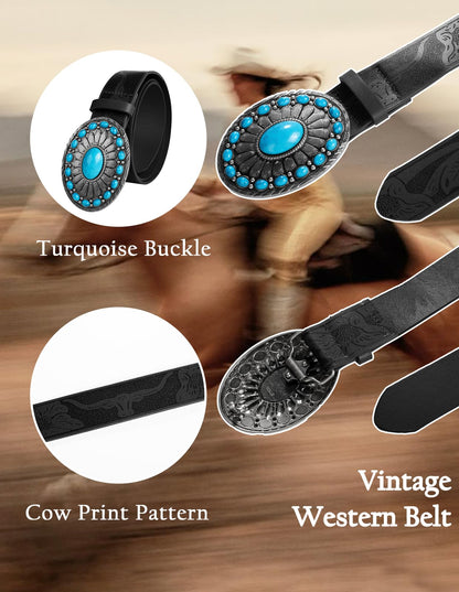 Women's Western Genuine Leather Belt Turquoise Buckle Cowgirl Country Style