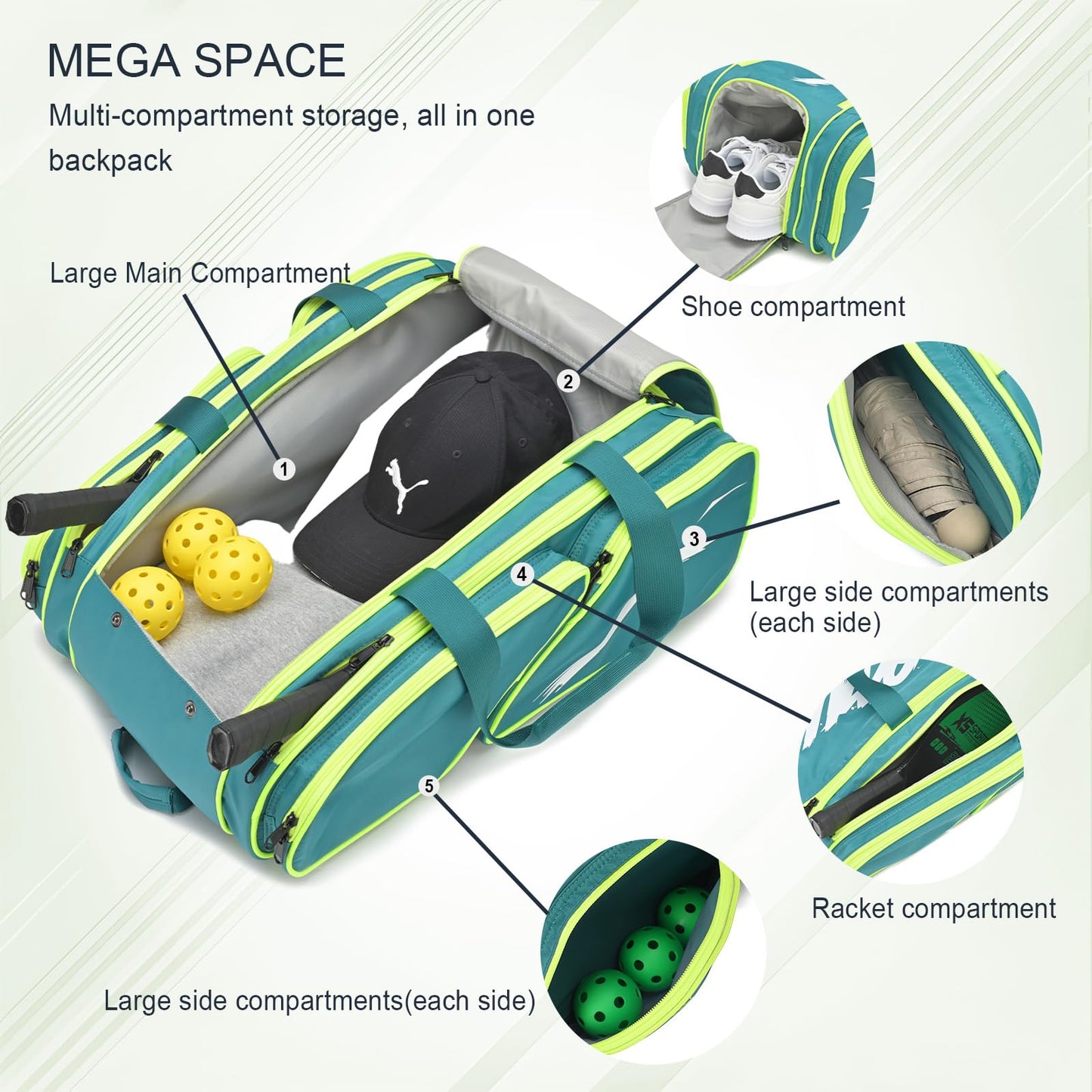 Pickleball Bag - Large Paddle Bag for 4 Paddles & Accessories - Fence Hook, Extra Pockets, Shoe Compartment