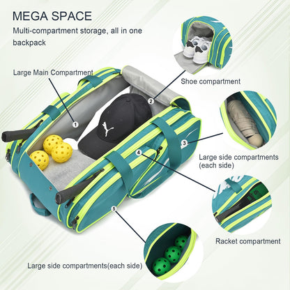 Pickleball Bag - Large Paddle Bag for 4 Paddles & Accessories - Fence Hook, Extra Pockets, Shoe Compartment