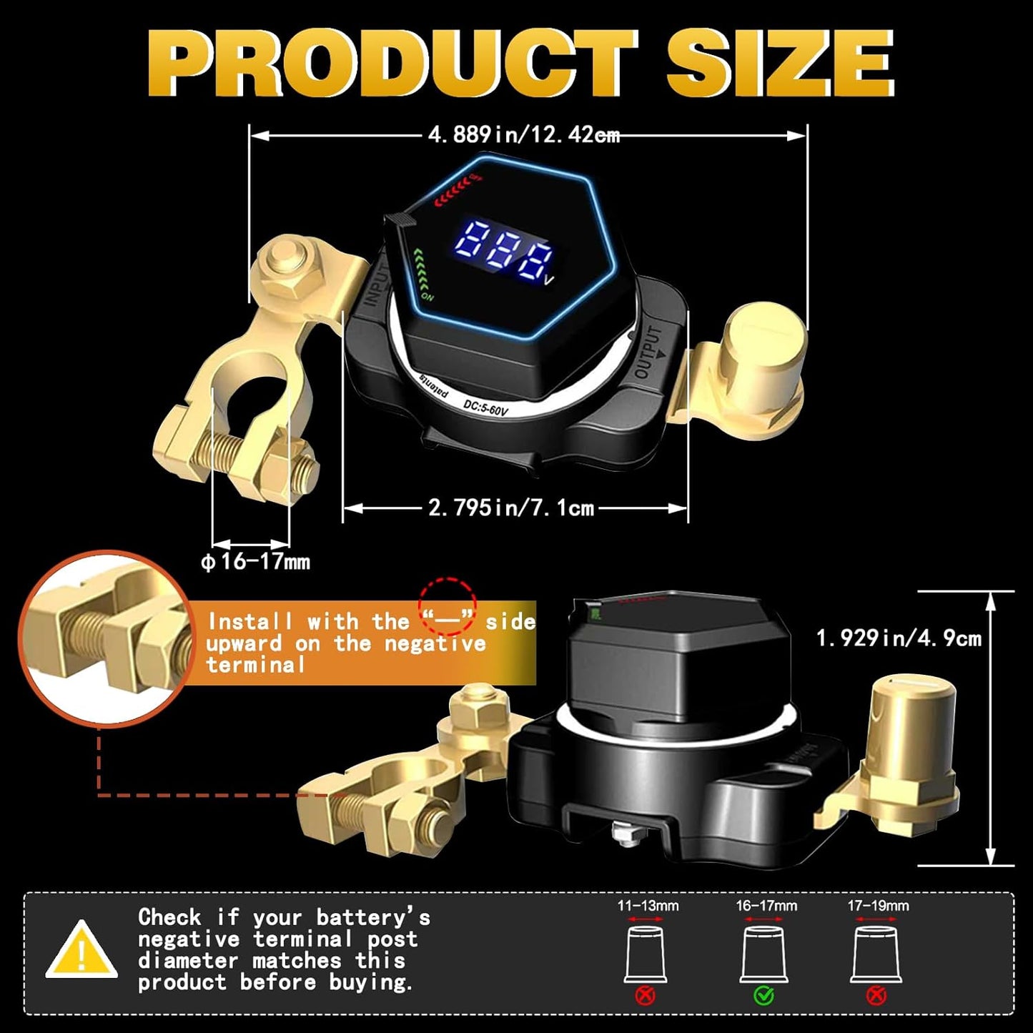 Top Post Battery Disconnect Switch with Voltmeter, DC 5-60V Master Isolator On Off Kill Switch Power Cut/Shut Off Switch for Marine Boat RV Car Truck Camper Trailer