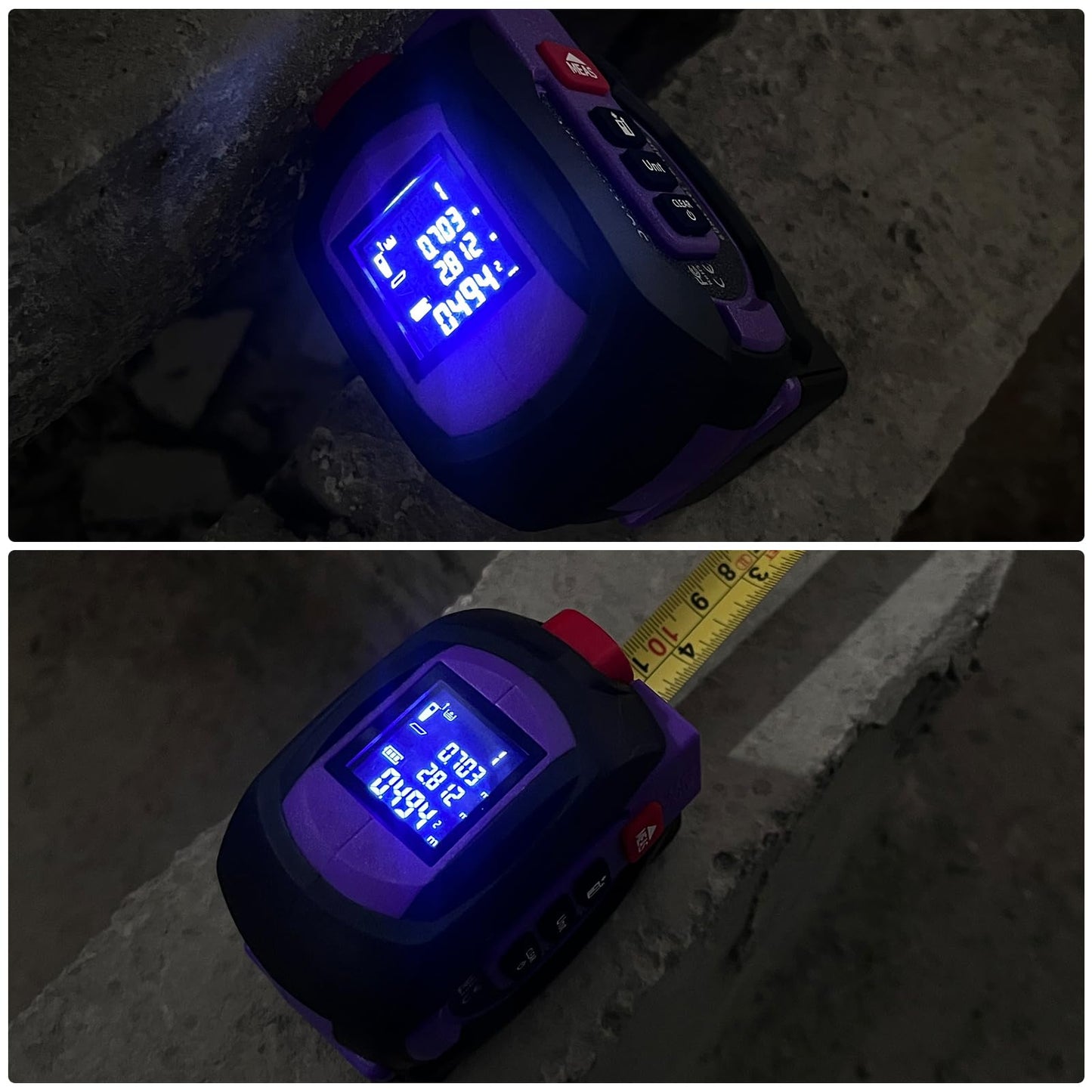 3 in 1 Digital Laser Tape Measure, 197ft/60m Laser Distance Meter, 16ft/5m Digital Tape Measure with Cross Line, AutoLock, ft/in/m Unit Switch, Measure Area, Volume, Pythagorean (Purple)