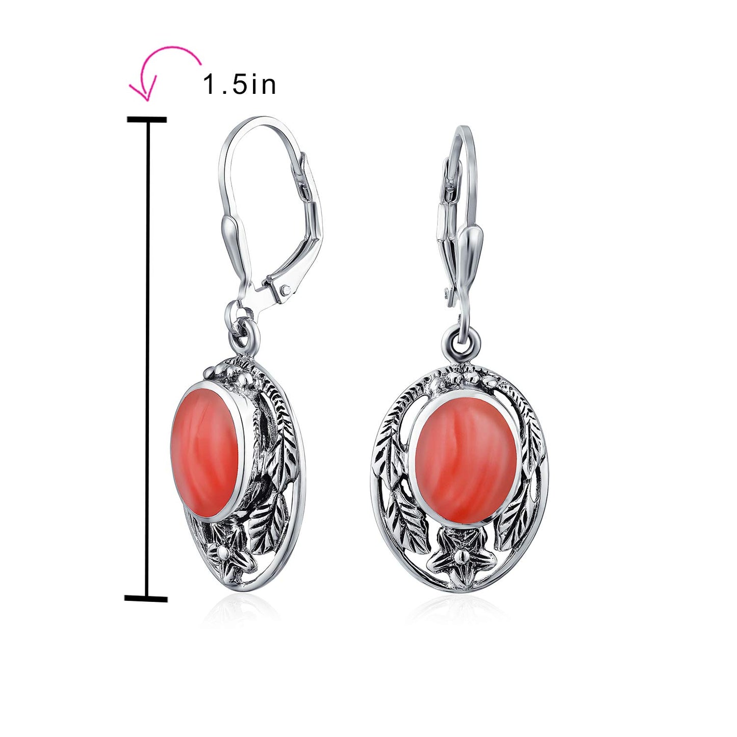 Boho Native American Style Marquise Shaped Gemstone Stabilized Blue Turquoise Coral Leaf Feather Dangling Earrings Western Jewelry For Women Teens Lever Back Oxidized .925 Sterling Silver