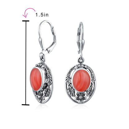 Boho Native American Style Marquise Shaped Gemstone Stabilized Blue Turquoise Coral Leaf Feather Dangling Earrings Western Jewelry For Women Teens Lever Back Oxidized .925 Sterling Silver