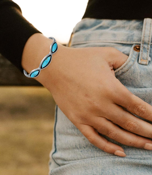 Genuine 3 Turquoise Stones Boho Bracelet, Sterling Silver Adjustable Bangle Cuff Native American Gemstones Jewelry, Fit for 6.5 7 7.5 Inches