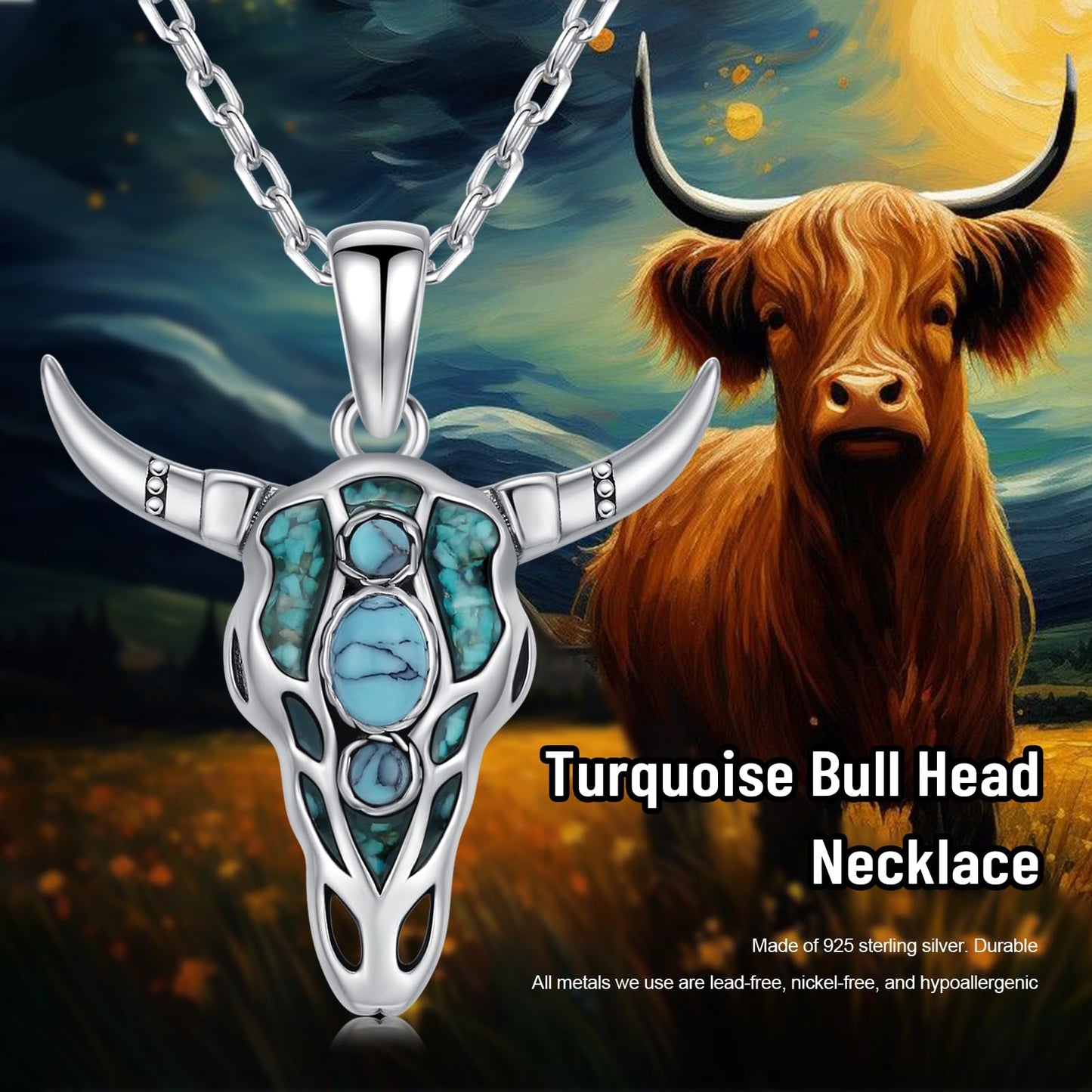 Midir&Etain Western Necklace 925 Sterling Silver Turquoise Pendant Highland Cow/Cow Skull/Hat/Tag/Cactus/Boot Cowgirl Country Jewelry for Women Men