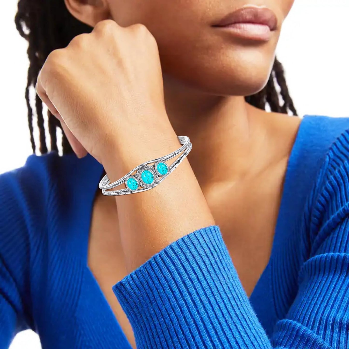 Genuine 3 Turquoise Stone Large Bracelet, Sterling Silver Boho Adjustable Bangle Cuff Native American Jewelry for Women, Fit for 6.5 7 7.5 Inches