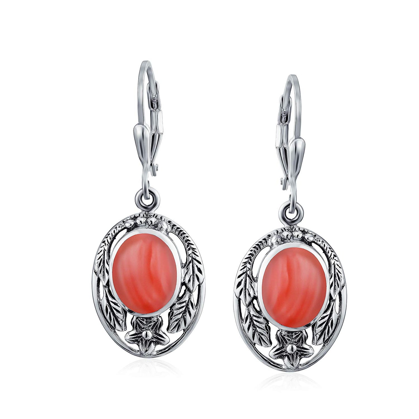 Boho Native American Style Marquise Shaped Gemstone Stabilized Blue Turquoise Coral Leaf Feather Dangling Earrings Western Jewelry For Women Teens Lever Back Oxidized .925 Sterling Silver