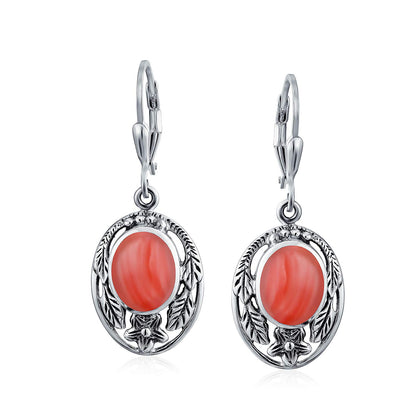 Boho Native American Style Marquise Shaped Gemstone Stabilized Blue Turquoise Coral Leaf Feather Dangling Earrings Western Jewelry For Women Teens Lever Back Oxidized .925 Sterling Silver