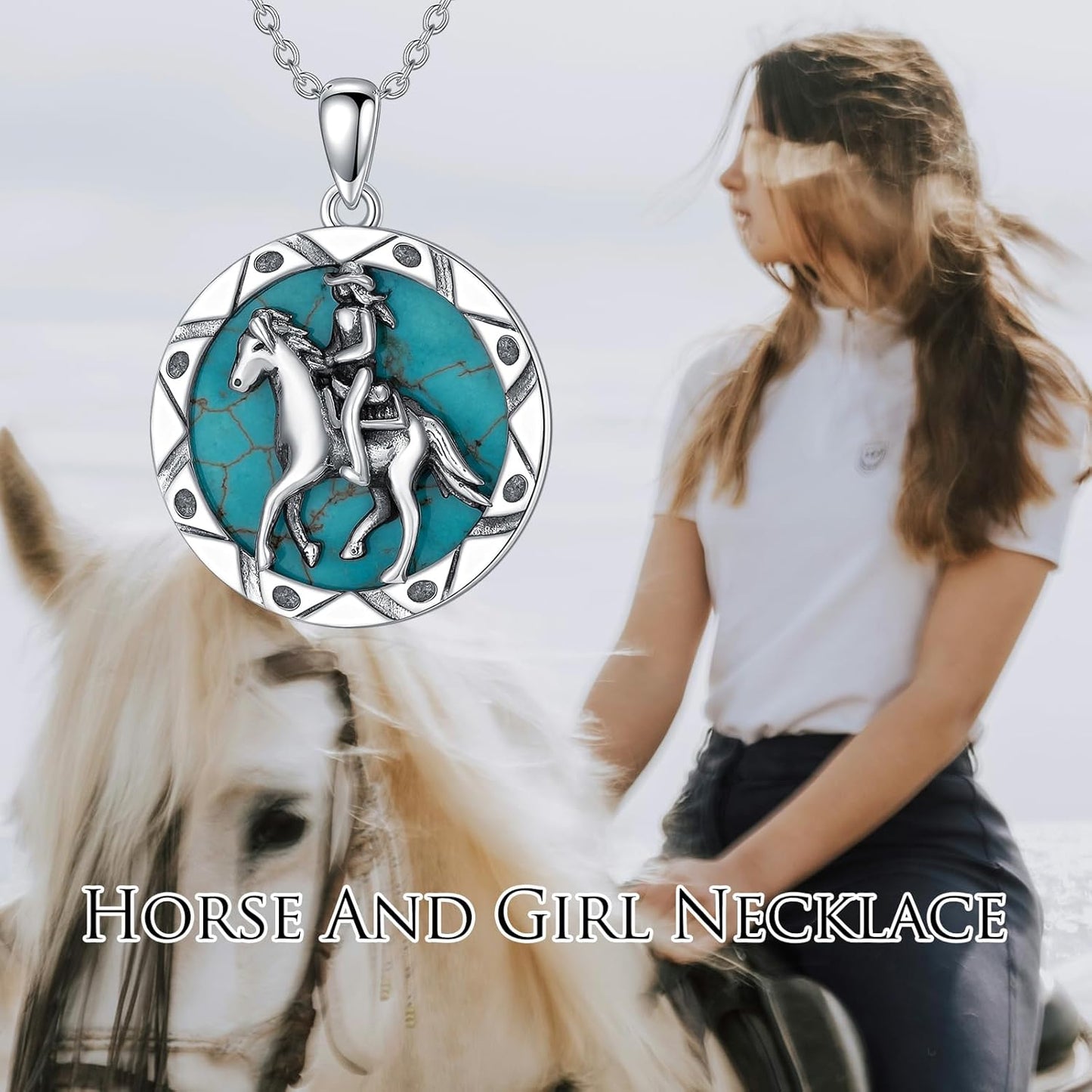 Horse and Young Lady Necklace 925 Sterling Silver Genuine Turquoise Lucky Horse Pendant Animal Jewelry Gifts for Women