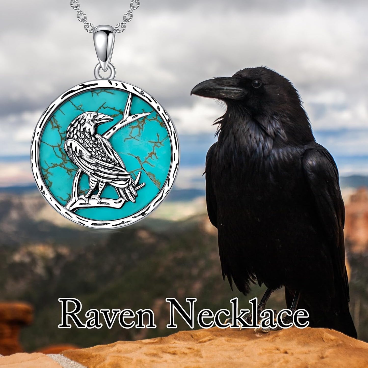 Turquoise Raven Necklace 925 Sterling Silver Real Blue Turquoise Viking Crow Pendant Western Vintage Animal Jewelry for Women