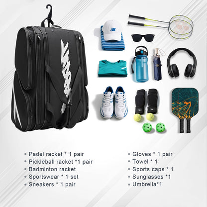 Pickleball Bag - Large Paddle Bag for 4 Paddles & Accessories - Fence Hook, Extra Pockets, Shoe Compartment