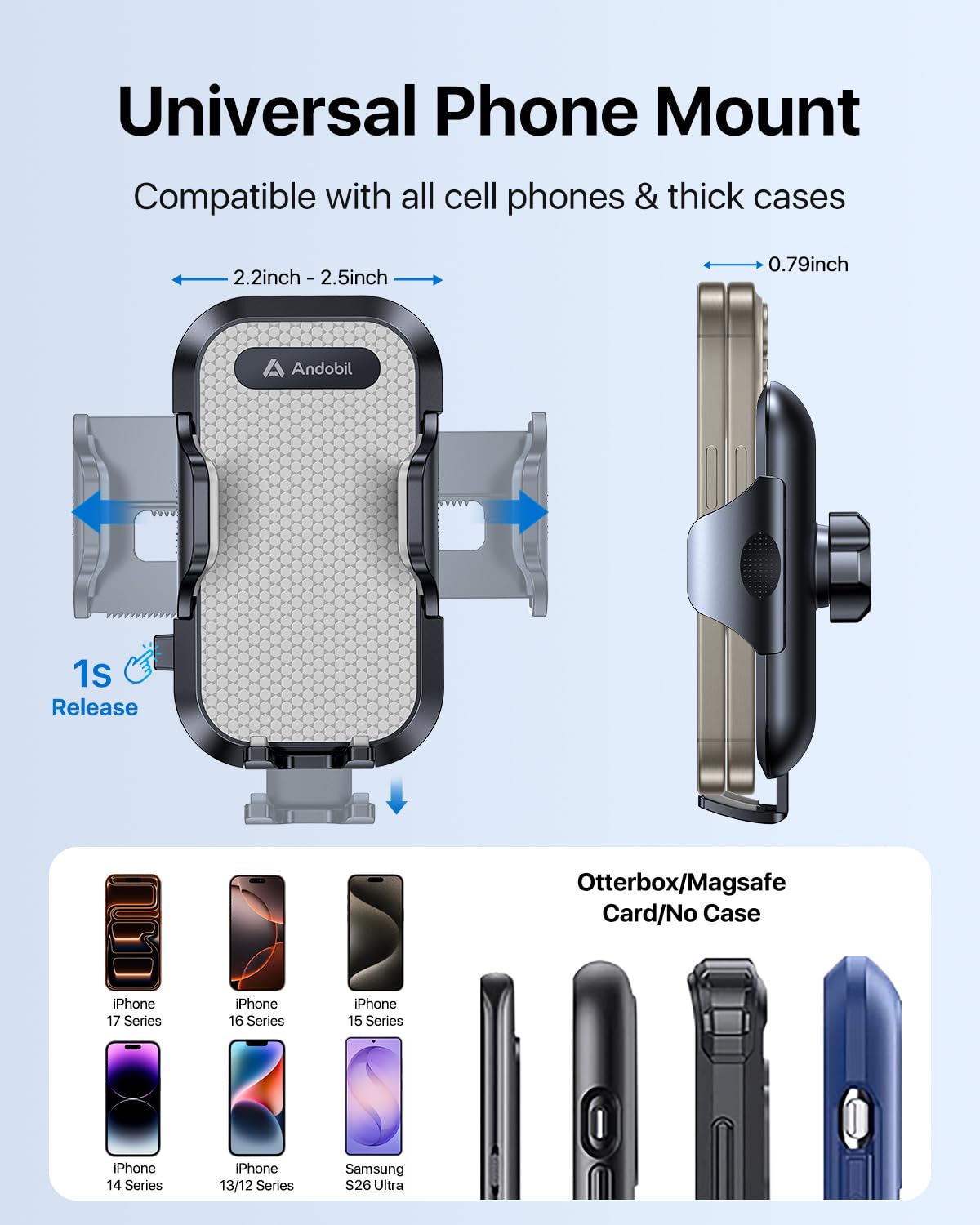 andobil Car Phone Holder, 2026 Military-Grade 89lbs Strongest Suction Phone Holders for Your Car Dashboard/Windshield/Vent Easy Clamp Car Phone Mount Stand for iPhone 17 16 15 14 13 Pro Max Samsung
