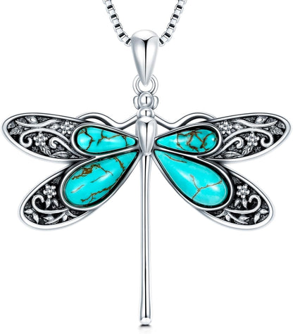 Genuine Turquoise Dragonfly Pendant Necklace, Sterling Silver Vintage Native American Western Jewelry Birthdays Gift for Women