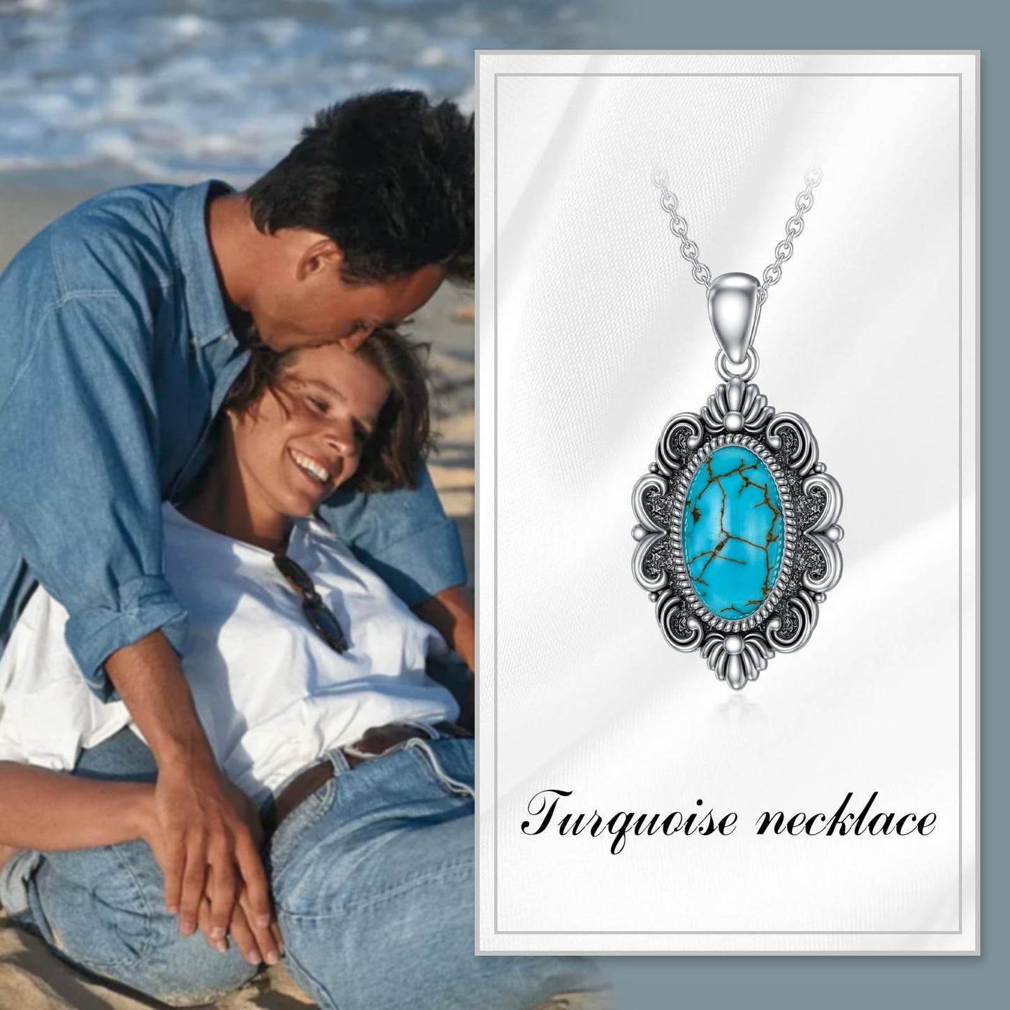 Turquoise Necklace 925 Sterling Silver Natural Turquoise Gemstone Pendant Vintage Bohemian Western Jewelry Gifts for Women