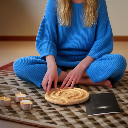 Finger Labyrinth Board Wooden, Toy Anxiety Relief, Meditation Mindfulness, Tool Fidget Stress-Relief Portable, Rope Decorative and Manual Includes, Safe Nature-Friendly