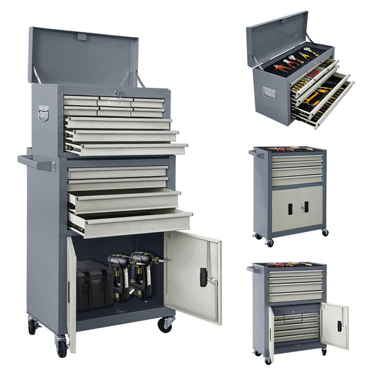 13-Drawer Double Door Rolling Tool Chest, 2 in 1 Detachable Tool Chest,Tool Box with Drawers and Wheels, Large Tool Cabinet with Lock, Metal Standing Toolbox for Garage Workshop-Red