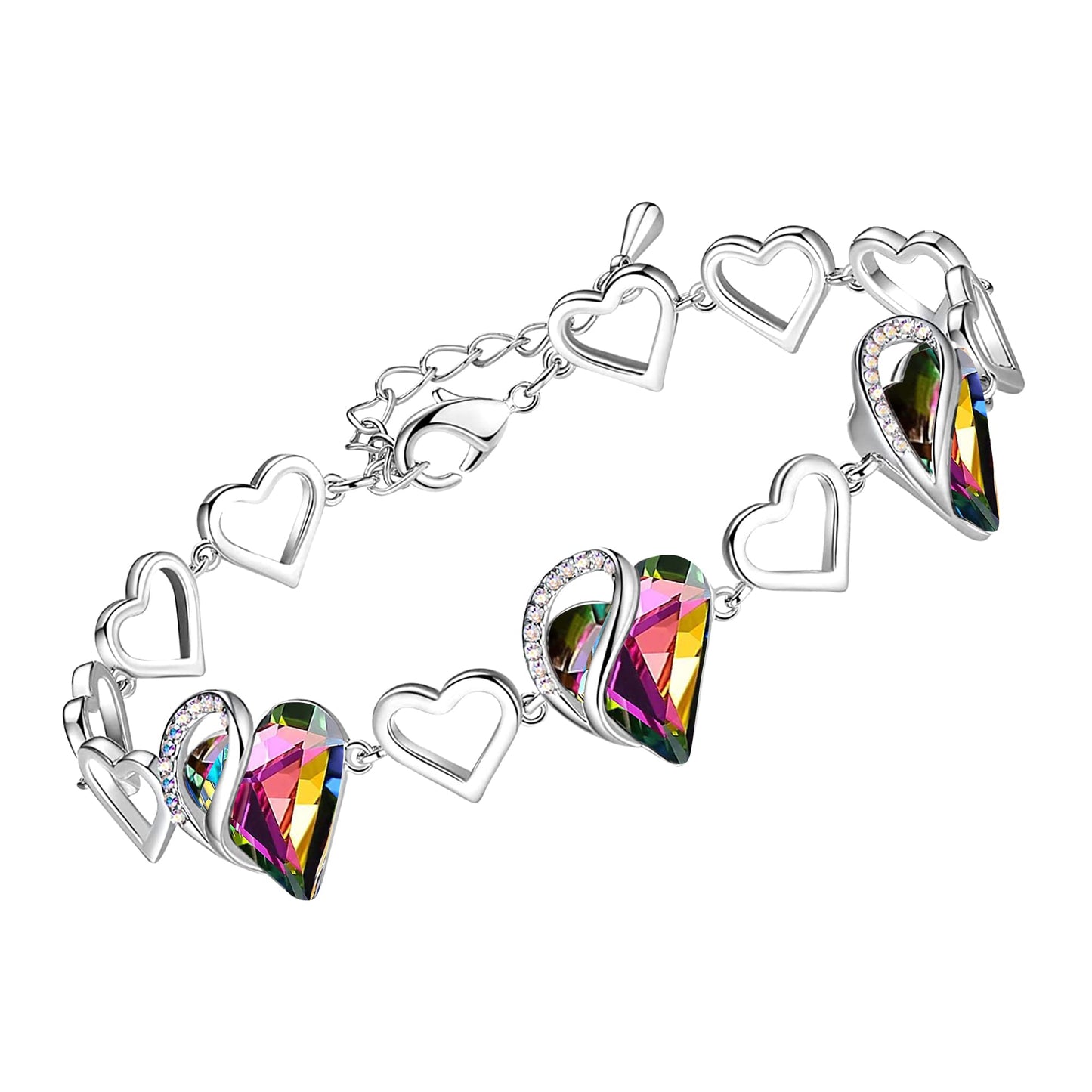 Leafael Infinity Love Heart Link Bracelets, Birthstone or Healing Stone Crystal Bracelet for Women, Silver Tone Jewelry Gifts for Her, 7-inch Chain and 2-inch Extender