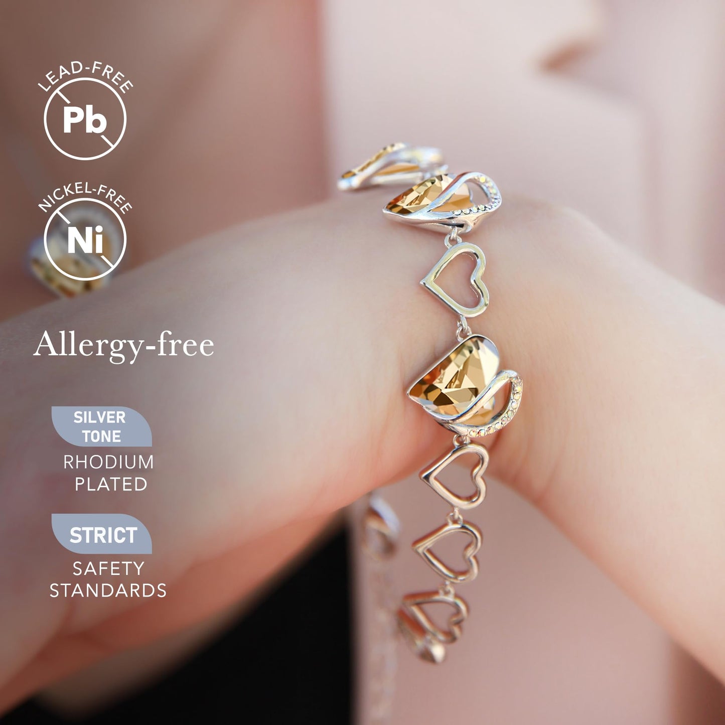Leafael Infinity Love Heart Link Bracelets, Birthstone or Healing Stone Crystal Bracelet for Women, Silver Tone Jewelry Gifts for Her, 7-inch Chain and 2-inch Extender