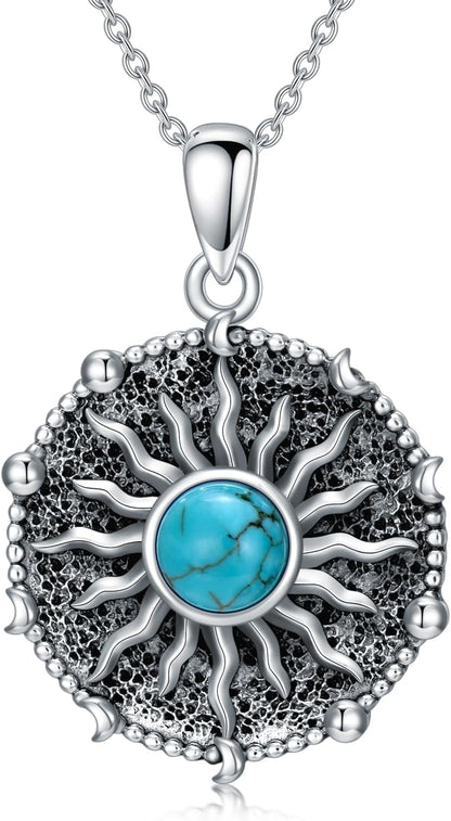 Turquoise Sun Necklace 925 Sterling Silver Real Turquoise Gemstone Vintage Sun Pendant Western Jewelry for Women