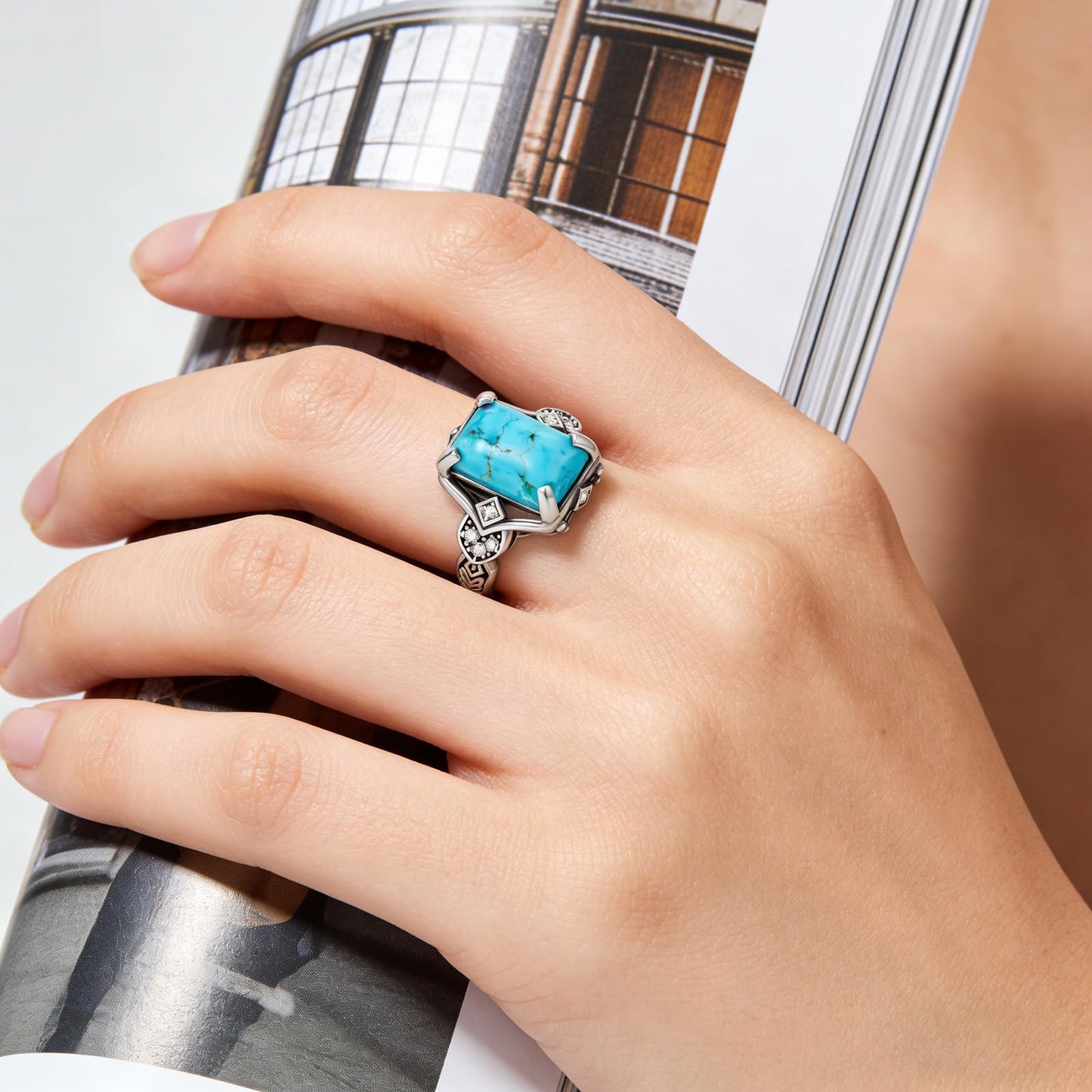 Turquoise Ring 925 Sterling Silver Boho Rings Western Jewelry Eternity Rings for Women Men Valentine's Day Jewelry Gifts for Boyfriend Girlfriend Size 7-9