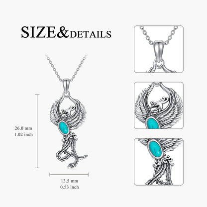 Phoenix Necklace 925 Sterling Silver Genuine Blue Turquoise Symbol of Flames of Rebirth Rising Phoenix Pendant Jewelry Gifts for Women